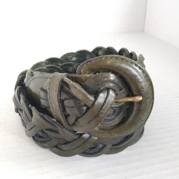 90s COACH Dark Green Leather Woven Braided Belt Size S - Picture 2 of 3